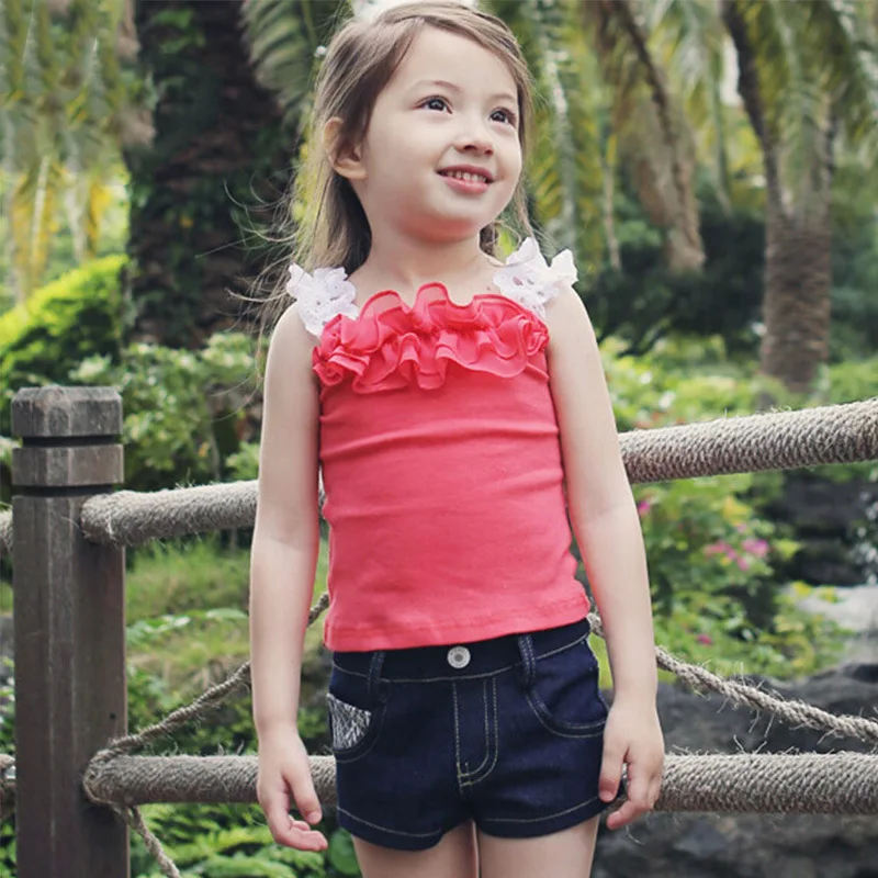 

Girls Summer Casual Clothes Set Children  Flower Lace T-Shirts + Shorts Jeans Pants 2 pcs Suits 2017 Girl Clothing Sets for Kids
