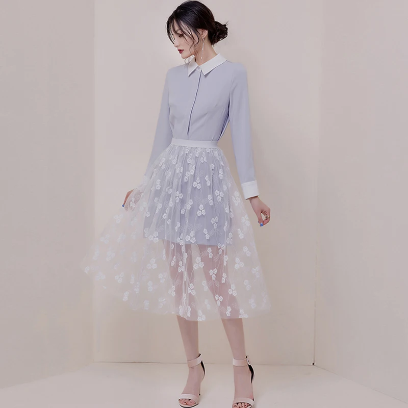 

Autumn Long Sleeve Solid Office Lady Shirt Vestidos Mesh Swing Skirt Two Piece Women Suit Dress