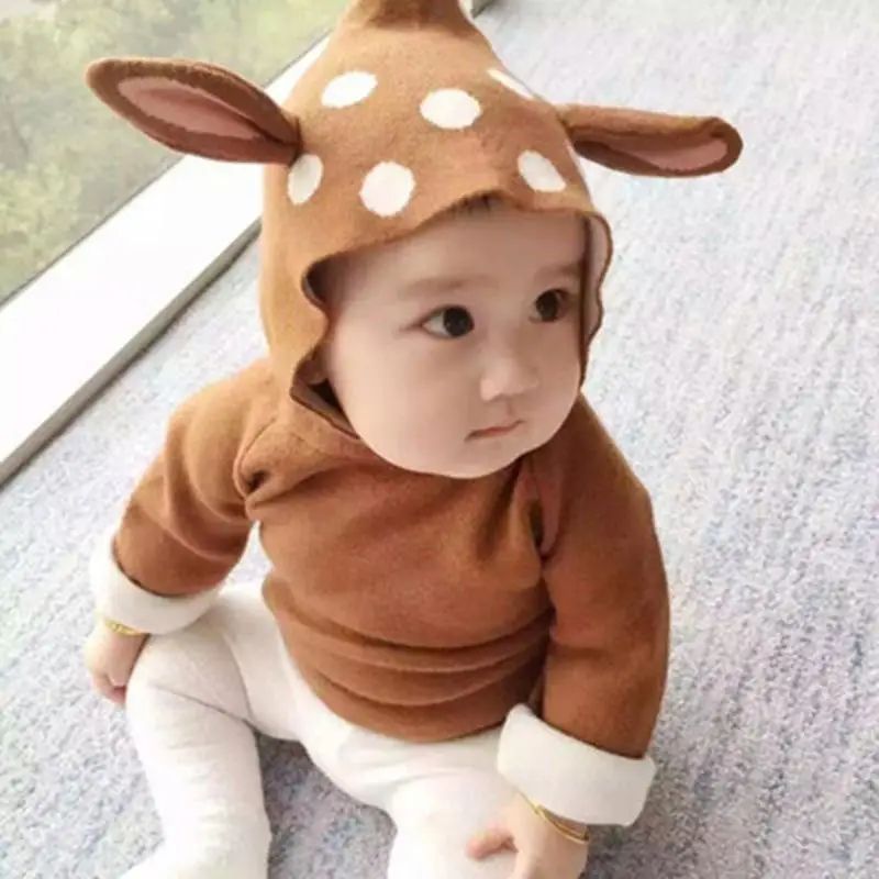 

Children's Clothing Toddler 2017 Spring Autumn Plus Velvet Thick Deer Ears Baby Core Yarn Knit Cardigan Hooded Sweater