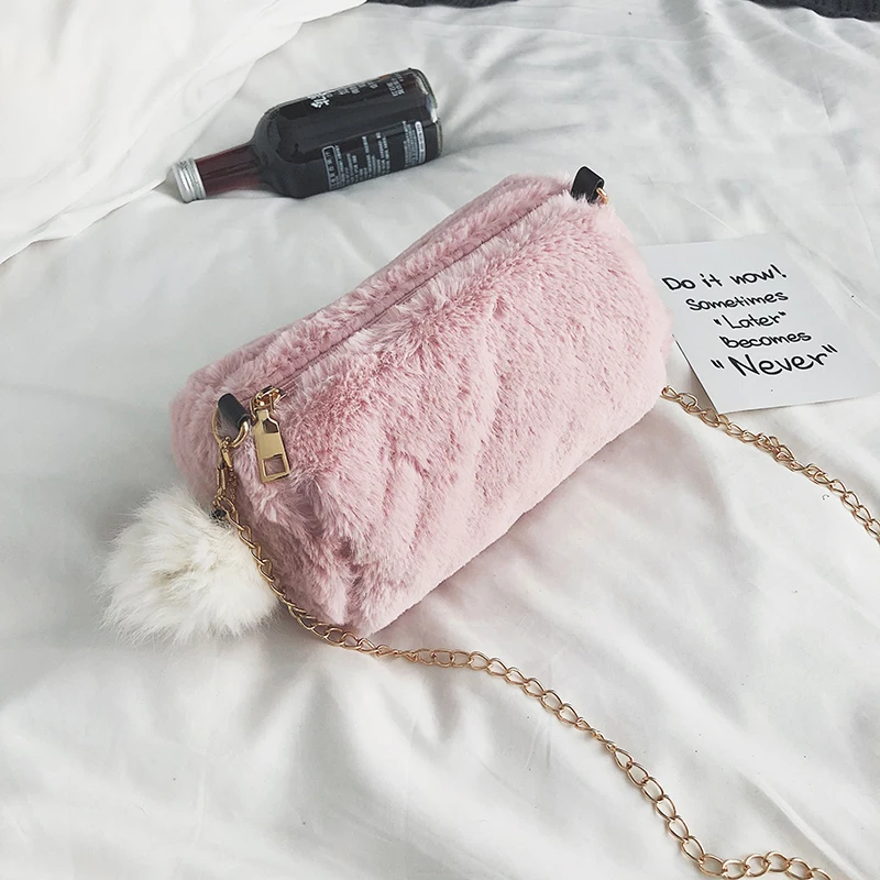 Hot Barrel Shaped Bag Velour Female Chain Handbag Fur Ball Women Purse Crossbody Messenger Shoulder Bags Sac A Main mujer bolsaIMG_5212