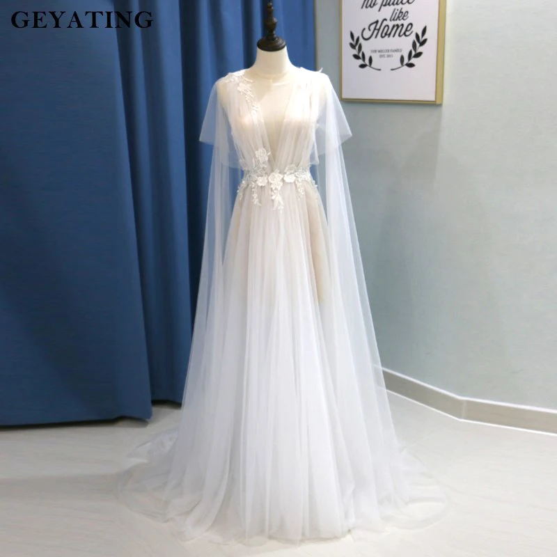 

Rustic V-Neck Boho Beach Wedding Dress with Cape 3D Floral Flower Lace Appliques Summer Bohemian Bride Wedding Dresses 2019 Long