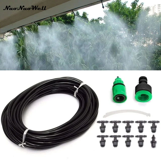 NuoNuoWell 2017 Irrigation Fog Cooling System Kit Micro Sprinkler 10 Mist nozzle 10M Hose Microns Garden Patio