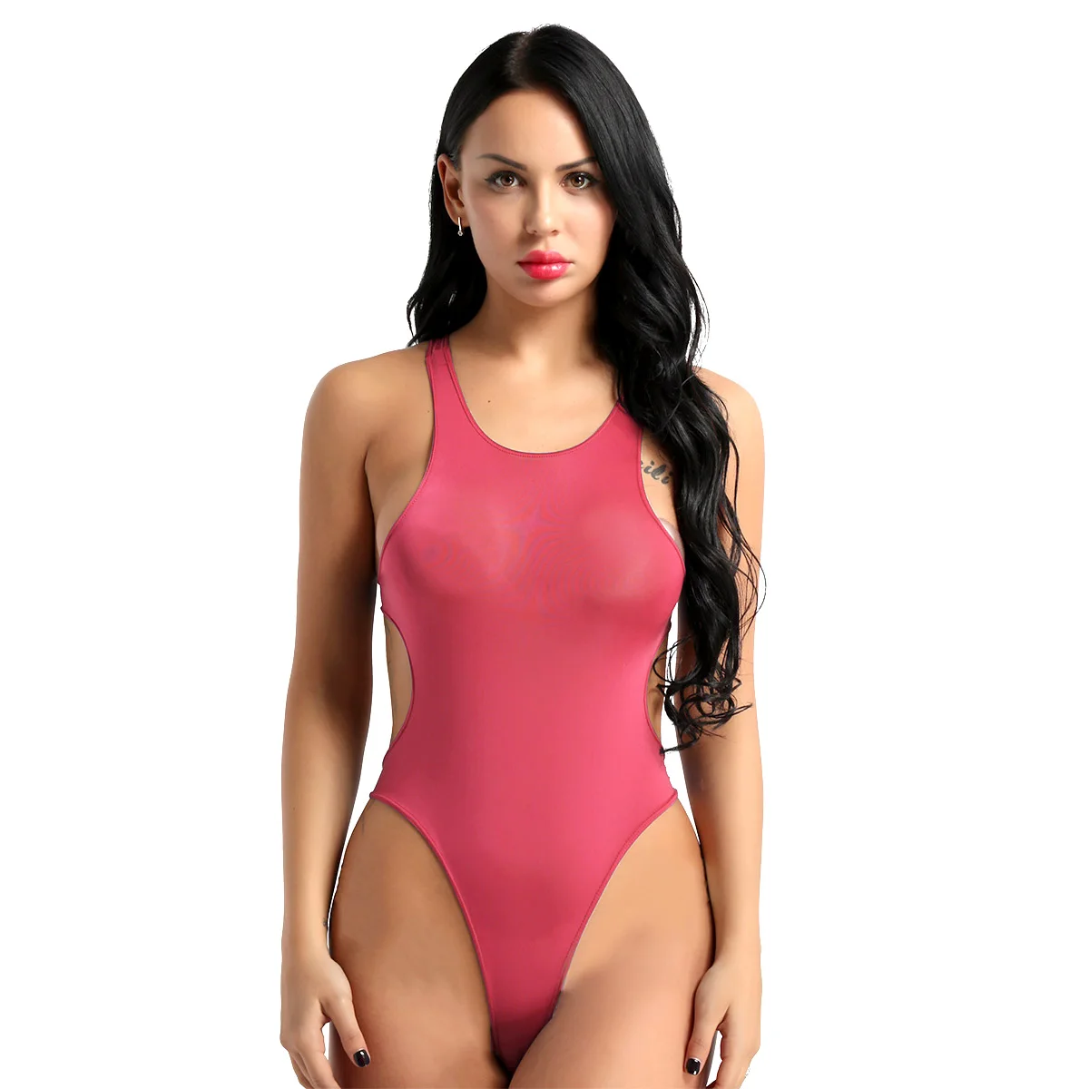 YiZYiF, женский костюм, сексуальный купальник, цельный, прозрачный, круглый вырез, без рукавов, высокий вырез, открытая спина, купальник, боди, костюм - Цвет: Watermelon Red
