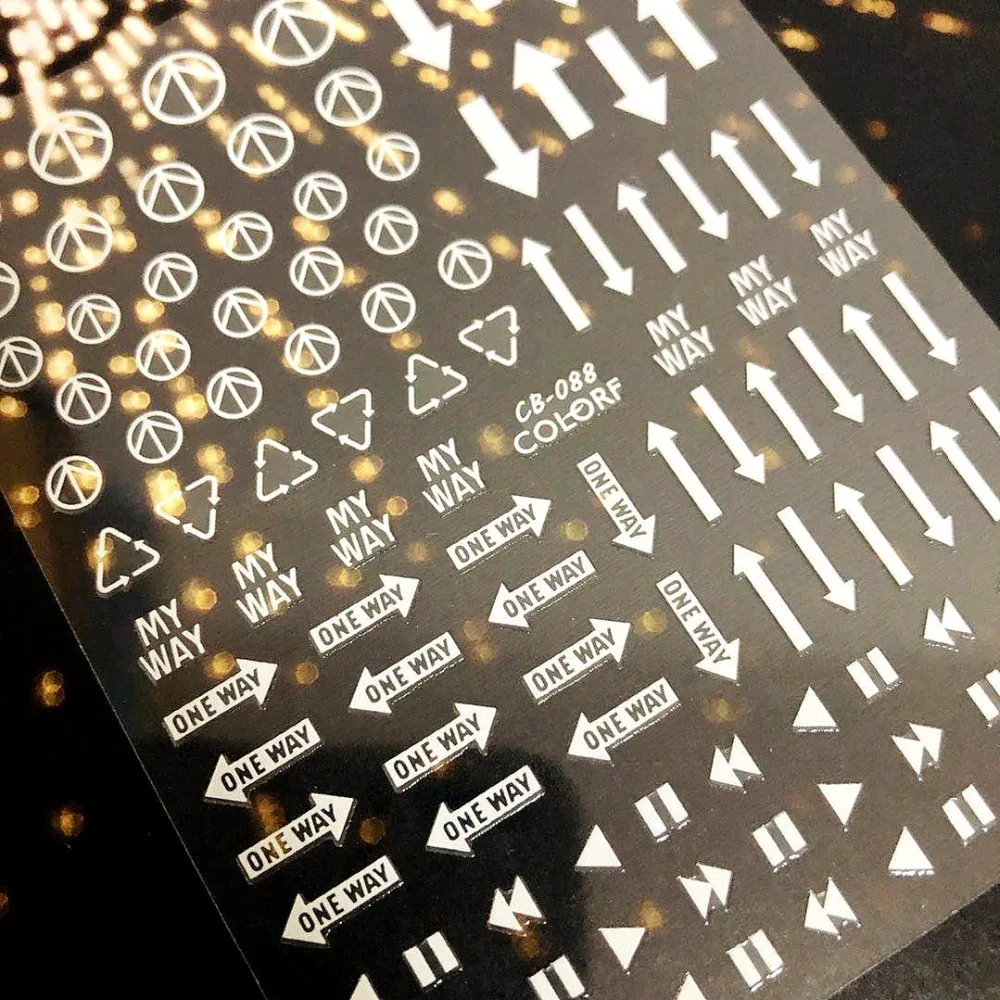 

CB series CB-88 direction Road sign arrow Black White Gold Silver letters 3d nail art stickers decal template diy