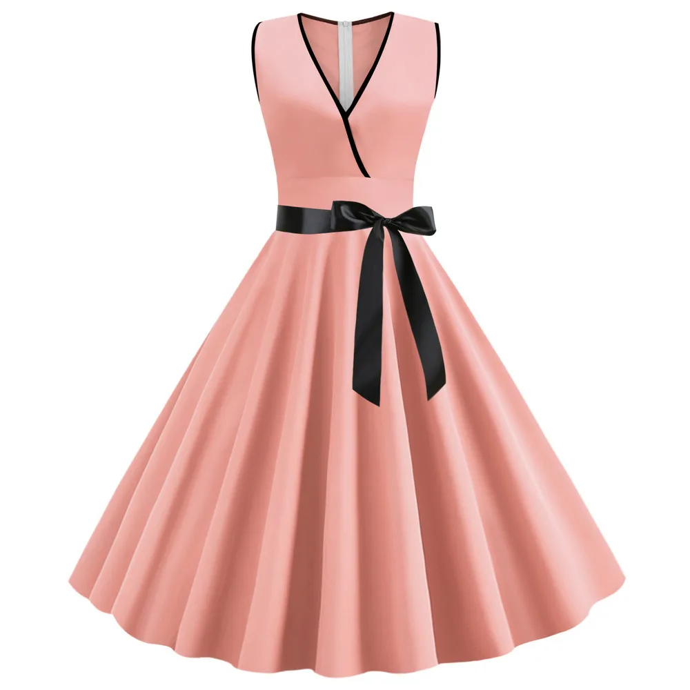 LAUZUOLA Light Blue Pink Pleated Vintage Dress Women Sexy Sleeveless V Neck Retro 50s 60s Pinup Swing Summer Dresses Solid - Цвет: JY14109