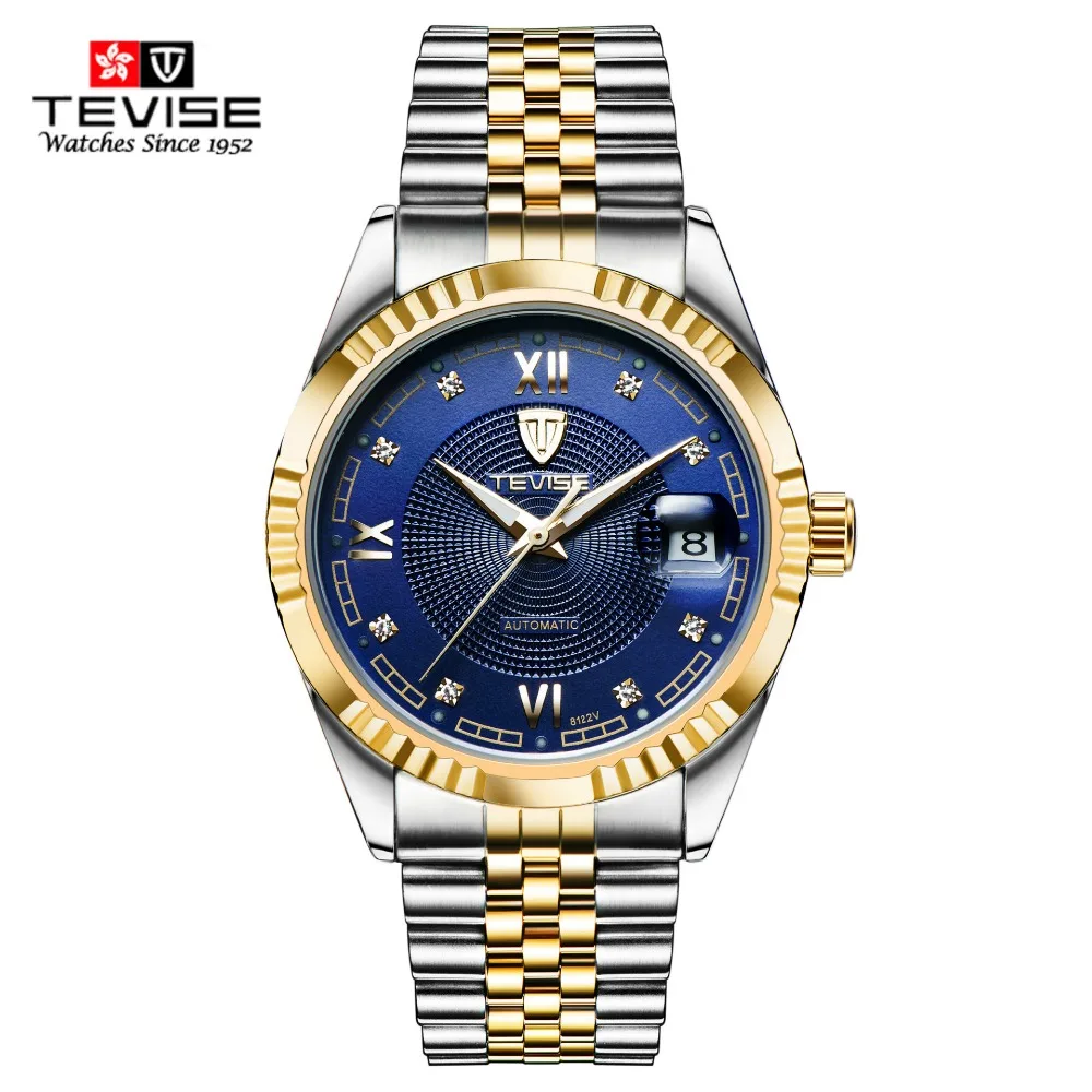 

TEVISE Mens Watches Top Brand Full Steel Business Automatic Mechanical Self Wind Men Analog Gold Watch Auto Date For Man Watches