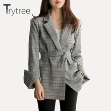 Trytree New Autumn Women Jackets Gray Plaid Office Lady 2018 Fashion Bow Sashes Split Sleeve Jackets Elegant Work  Coats
