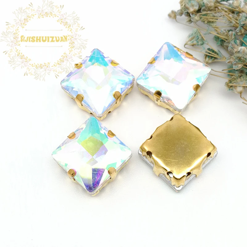 

Crystal AB Square Crystal Glass Sewing Rhinestones with gold Claw Rhinestones for Diy wedding Dress and Bags