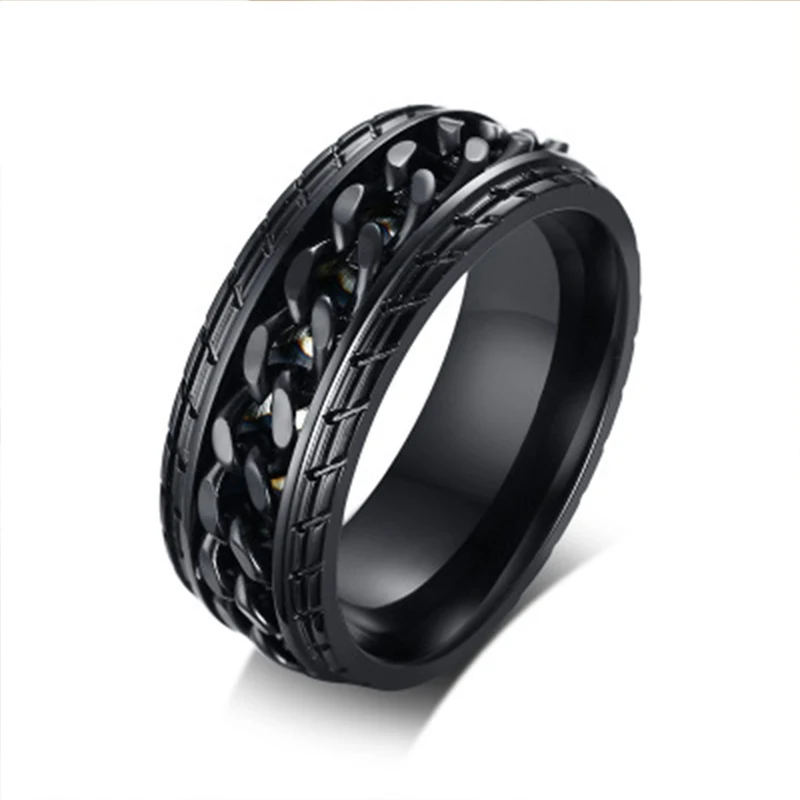 

New British Punk Steel Color Gold Ring Stainless Steel Personality Tire Pattern + Chain Ring Men's Introverted Black Ring VR437