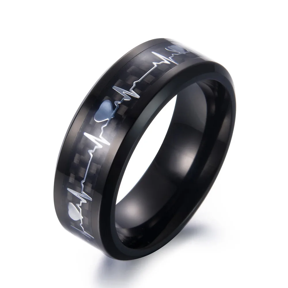 

ZMZY Top Quality Black Electrocardiogram Carbon Fibre Stainless Steel Ring Heart Beat Wedding Rings for Women Men Jewelry Gift