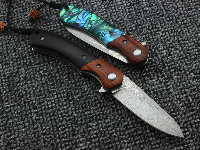 Damascus Blade Sandalwood or Abalone Handle Folding Knife Camping Survival Tactical Utility Knives Pocket Collection EDC tool Damascus Blade Sandalwood or Abalone Handle Folding Knife Camping Survival Tactical Utility Knives Pocket Collection EDC tool