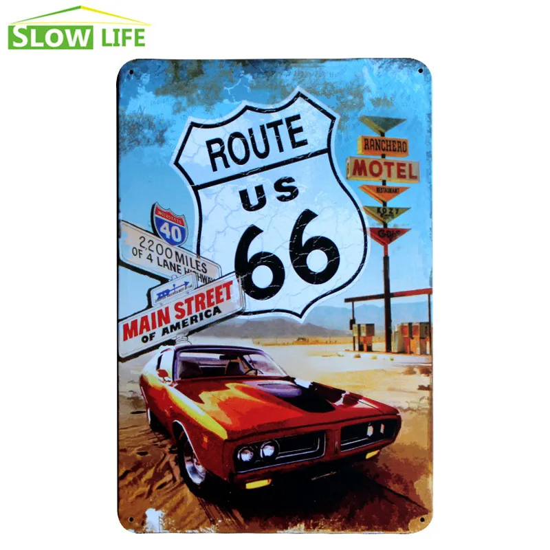 США Route 66 Гоночная машина металлическая жестяная вывеска Настенный декор Винтаж