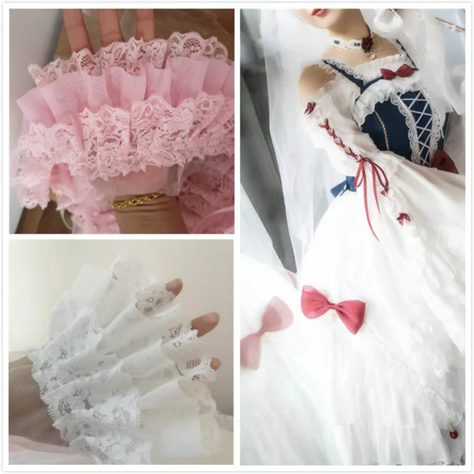 3Yard/Lot Black white pink three-layer chiffon lace trim pleated cuffs Doll skirt wedding diy fabric accessories | Дом и сад