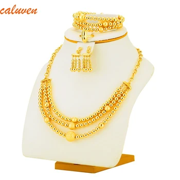 

Caluven Good Stamp Bead Necklace Earrings Bracelet set Jewelry Ball For Women Gold Color Africa/Arab/Middle East/Ethiopian