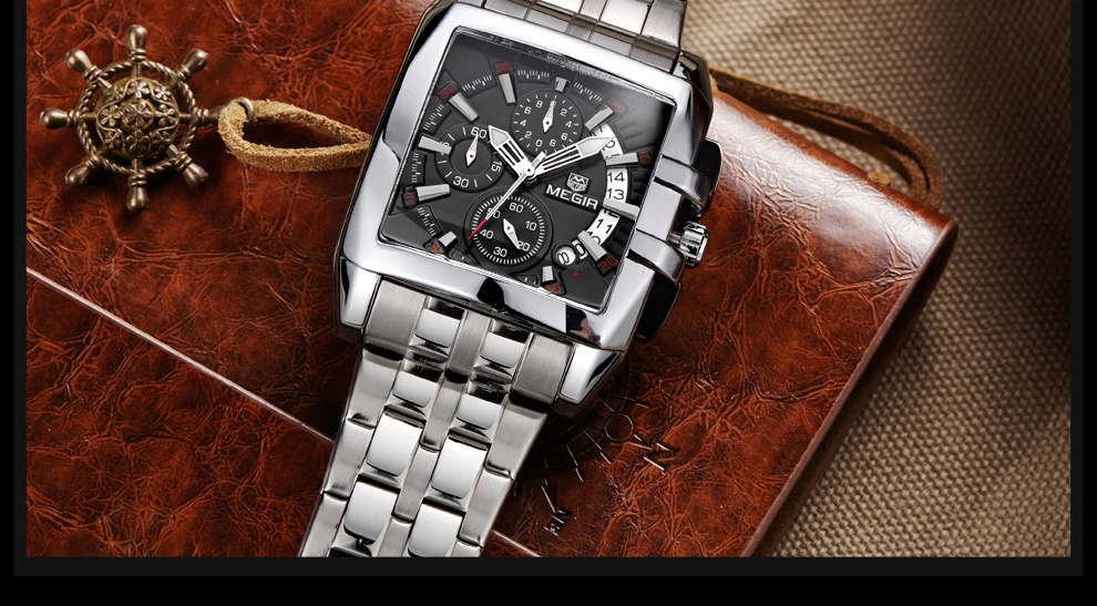 MEGIR Для мужчин большой циферблат Роскошные Лидирующий бренд Кварцевые наручные часы Творческий Бизнес Нержавеющая сталь спортивные часы Для мужчин Relogio Masculino