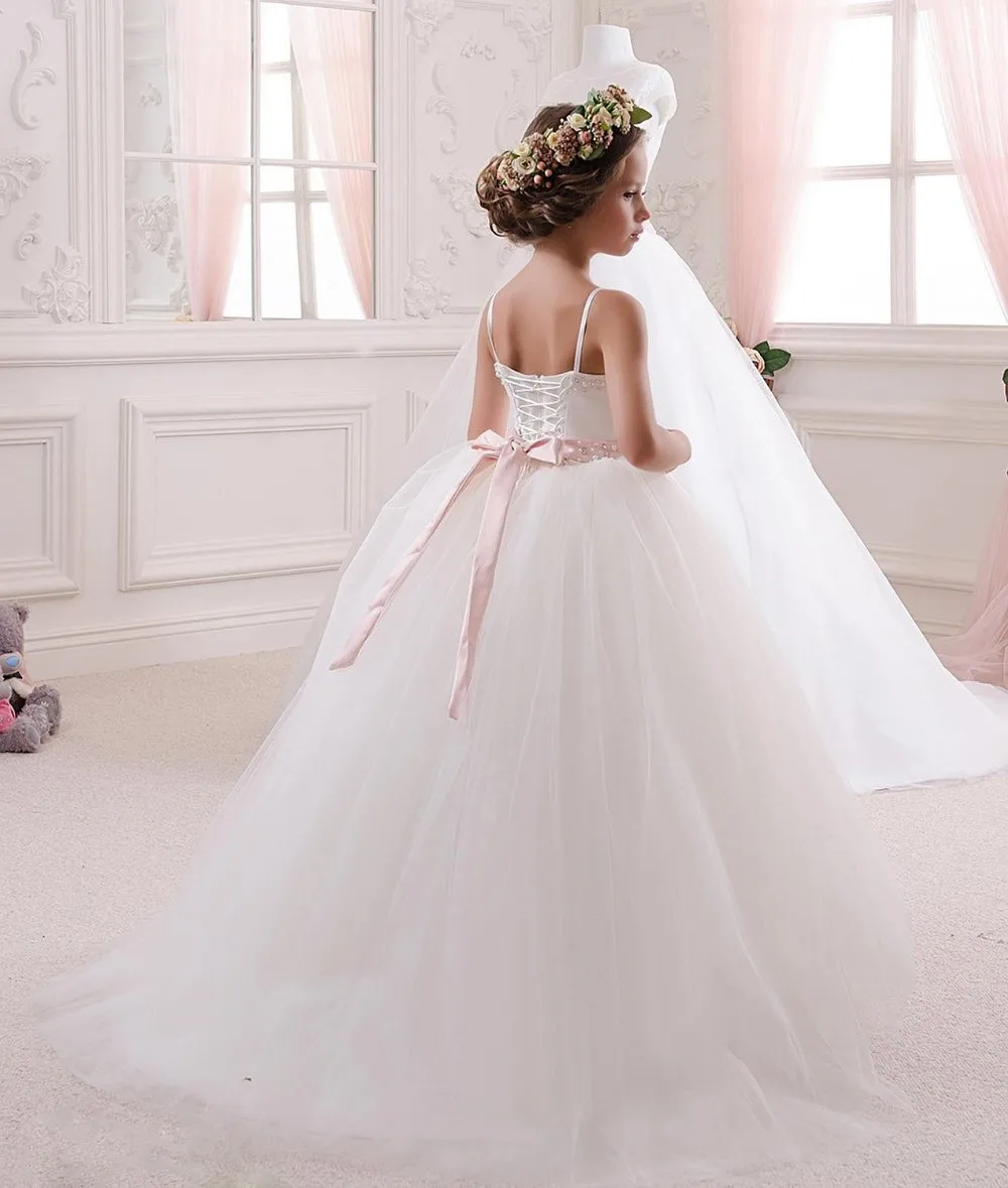 Изысканный хрусталь розовый кружевной пояс цветок девушка платье es на заказ размер, чтобы быстро отправить белое пышное платье цветок
