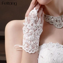 Feitong Bride Party Dress Gloves Women Rhinestone Lace Satin Fingerless Gloves Elegant Lady White Glove Mitten