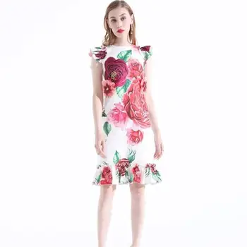 

Women Dresses 2018 High Quality Summer Runway O-Neck Sleeveless Printed 3D Flowers Lady Dress NPD0832
