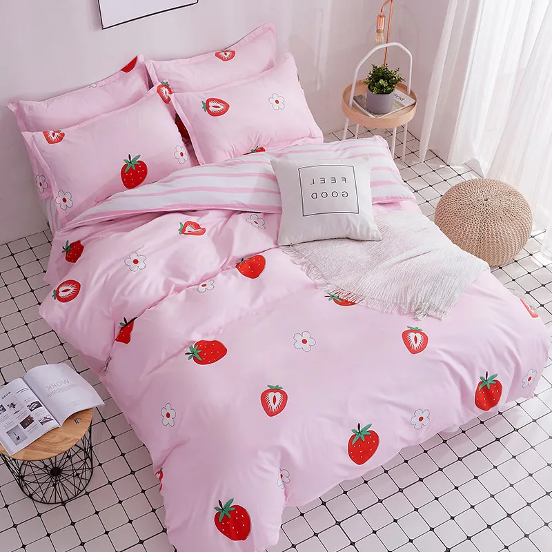 

Cute Red Strawberry Pattern Bedding Set 5 Size Lower Bed Linen 4pcs/Set Duvet Cover Set Pastoral Bed Sheet AB Side Duvet Cover