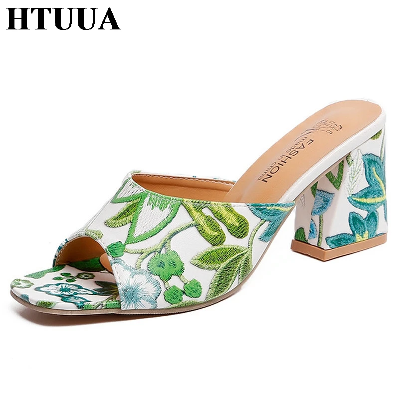 

HTUUA 2019 New Summer Shoes Women Slippers Fashion Print Open Toe Chunky Heel Slides Ladies Sandals High Heels Boho Beach SX2509