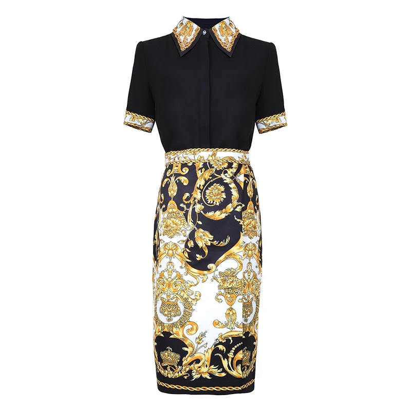 

HIGH QUALITY Newest 2019 Fashion Designer Runway Suit Set Women's Short Sleeve Blouse Shirt Retro Floral Print Skirt Set