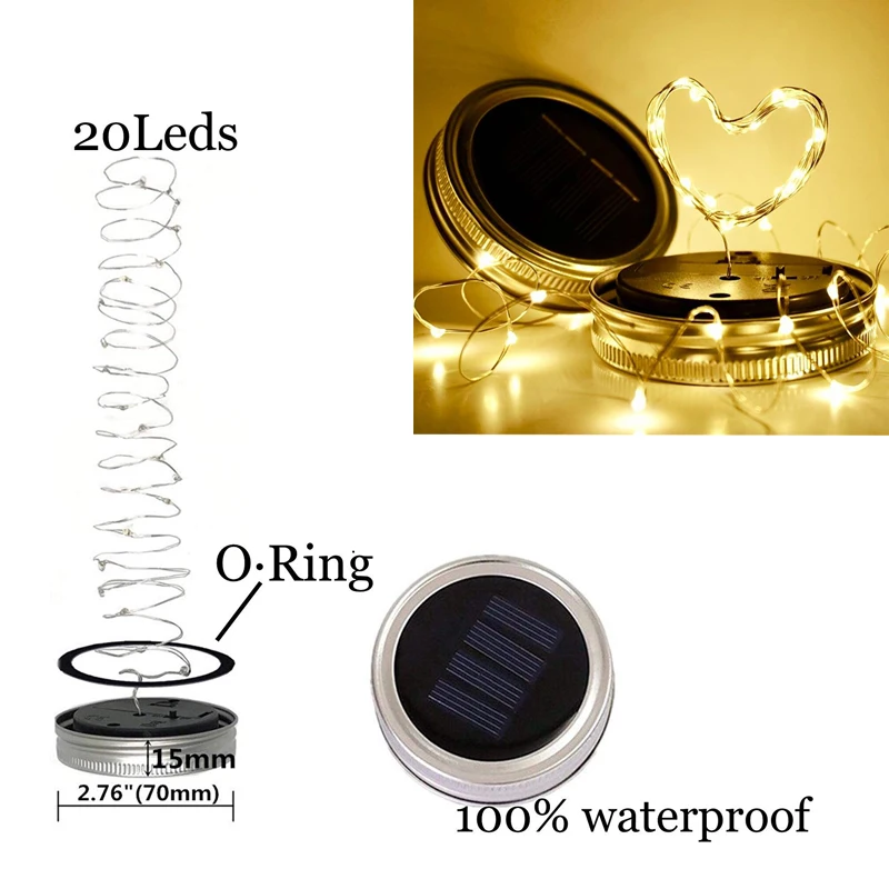 

2pcs Solar Mason Jar Lights 20 Led String Fairy Firefly Lights Lids Insert use for Mason Jar,Patio,Lawn,Garden Decor