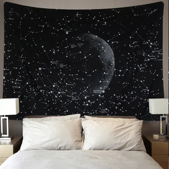 

Vintage Moon Star Sky Planet Galaxy Home Wall Decor Tapestry Wall Hanging Headboard Blanket Carpet 150 x 130cm Black