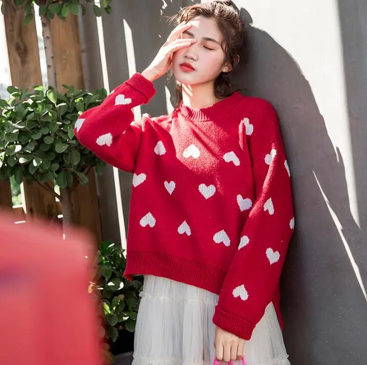 Женский корейский кавайный милый свободный круглый вырез цветной свитер с надписью «Love» женские свитера японская harajuku одежда ulzzang для женщин - Цвет: Красный