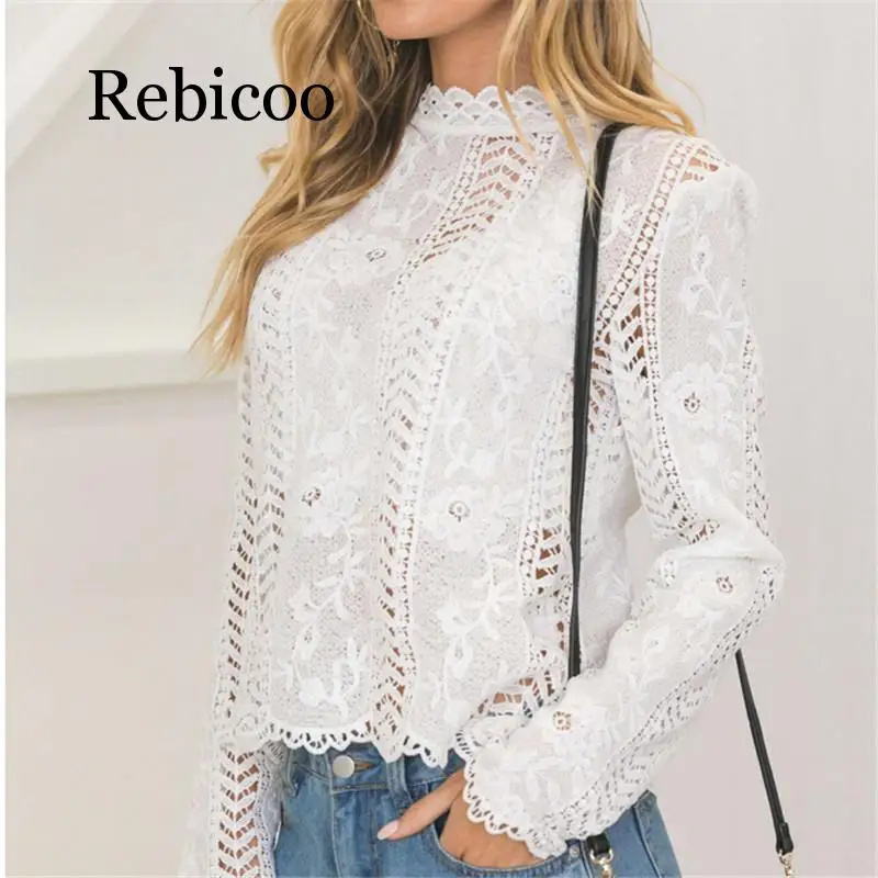 

women ladies blouse long sleeve white Lace hollow turtleneck blouse Top Summer Blouses Cap Elegant Blouse for female