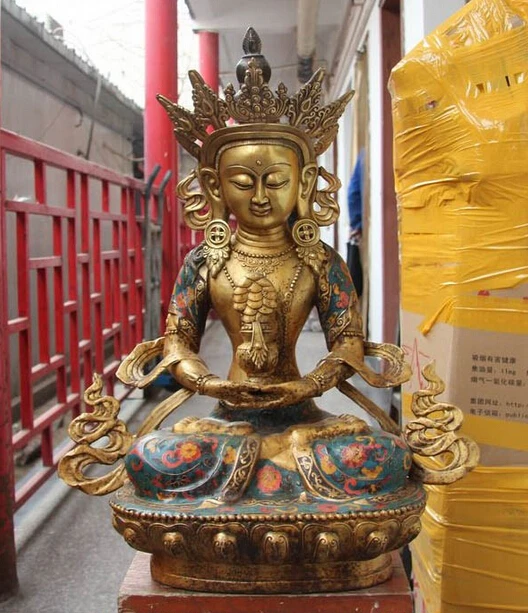 

fast shipping USPS to USA S3585 27" Tibet Buddhism Copper Bronze Cloisonne God Amitayus Longevity Buddha Statue