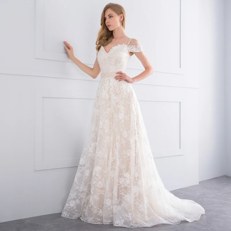 Appliques Lace Crystal A-line Court Train Champagne Wedding Dress