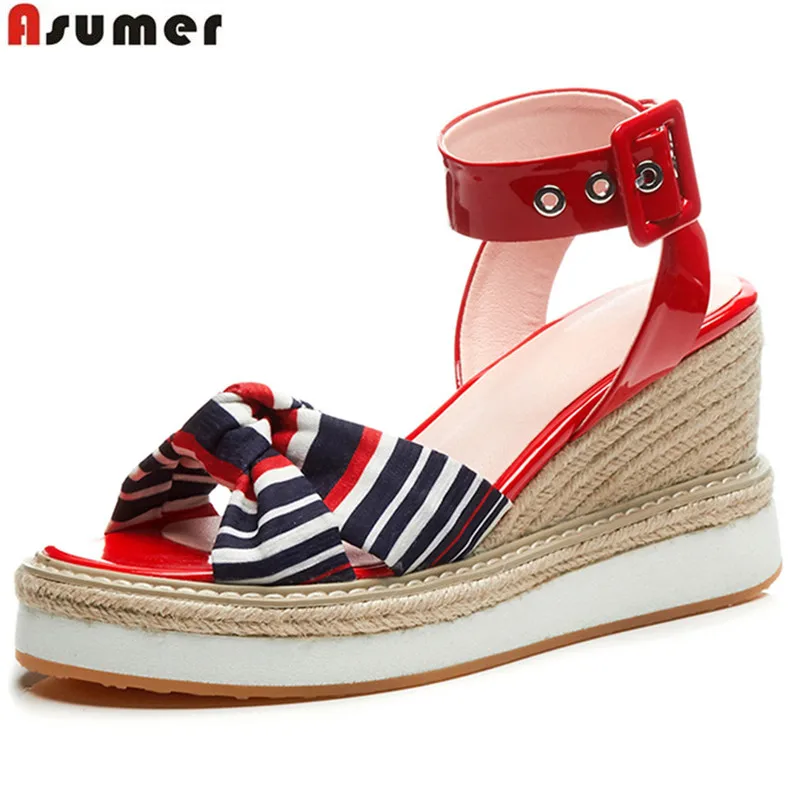 Asumer Sandalias Verano rojo Negro Plataforma Zapatos Cuñas 2018 verde De Elegantes Bohemia Moda Genuino Hebilla Mujer Cuero fqSwAfxr