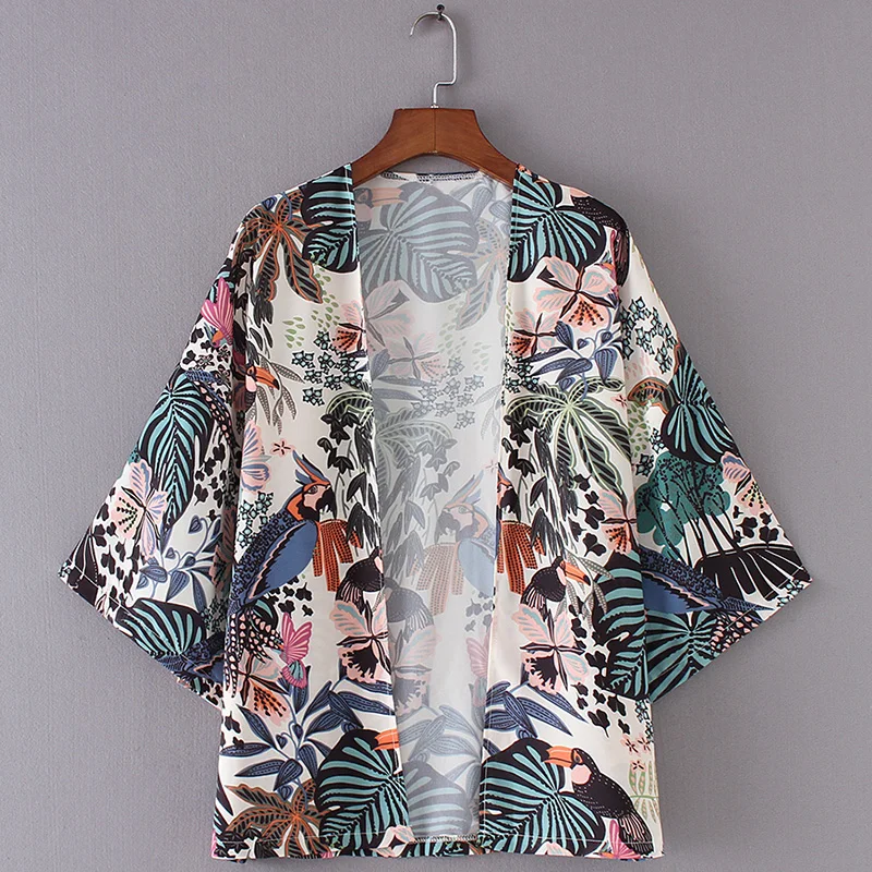 New Women Chiffon Beach Kimono Cardigan Bird Leaves Print Open Front Holiday Loose Thin Blouse Beachwear Cover Up 2019