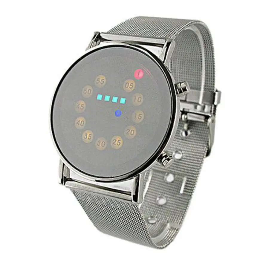 

Hot Marketing  Red + Yellow + Green + Blue LED Light Stainless Steel Fashion Wrist Watch D1229