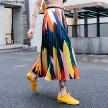 WHITNEY Ван сезон: весна–лето уличной моды Цвета контрастным геометрическим женские плиссированные юбки Для женщин s