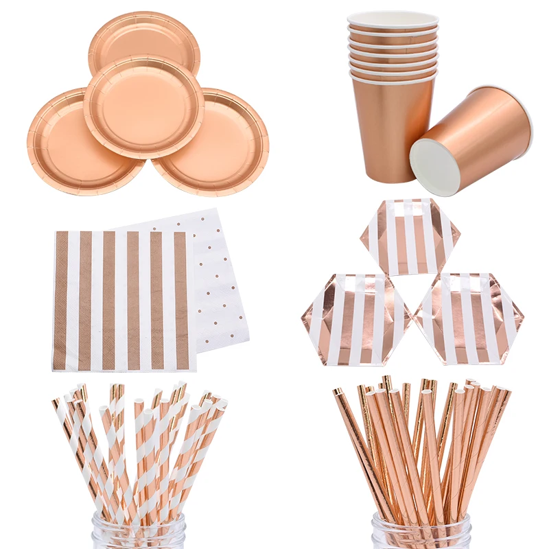 Party Disposable Tableware Set Rose Gold Paper Cup Plate Straws Supplies for Kid Birthday Party Decor Baby Shower Party Supplies