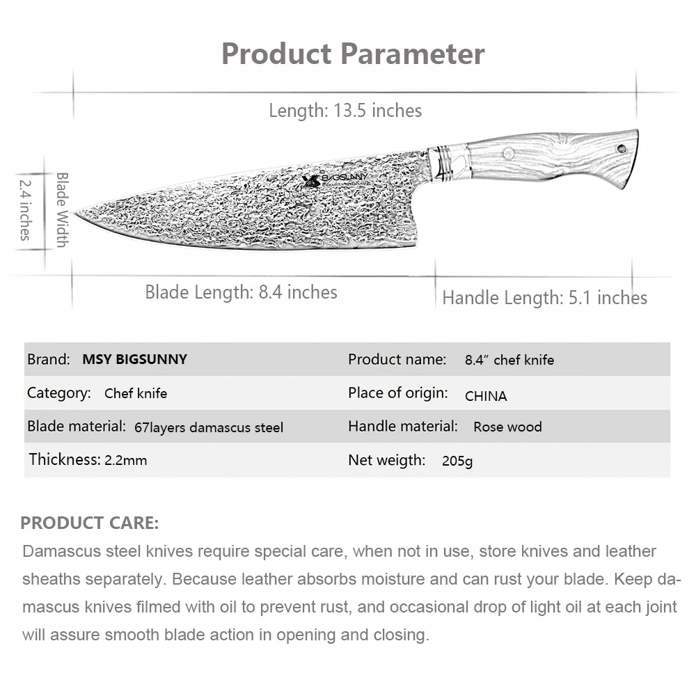 BIGSUNNY нож шеф-повара-супер сталь 67 слоев дамасской стали-8,"(213 мм)-пятнистостойкие и Коррозионностойкие поварские ножи