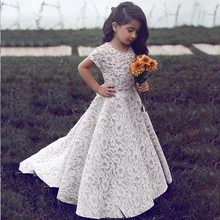 Кружевное платье с цветочным узором для девочек; коллекция года; белое платье с короткими рукавами для первого причастия; платья для девочек на день рождения