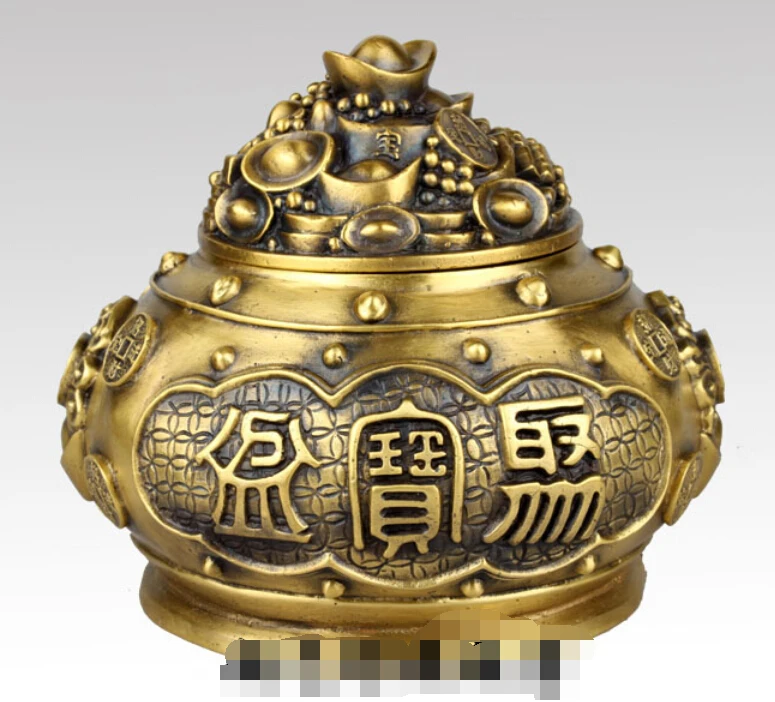 

6" China Bronze Treasure Bowl Wealth Ingot Yuanbao Money Statue R0713 B0403