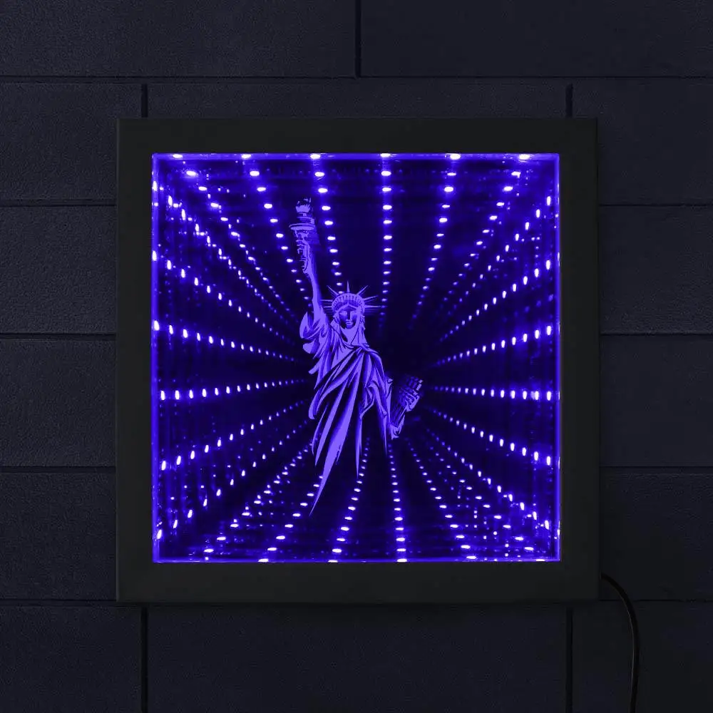 Современный Нью-Йоркская Статуя Свободы 3D Оптическая иллюзия Бесконечность зеркальная рамка NYC светодиодный американские ценности