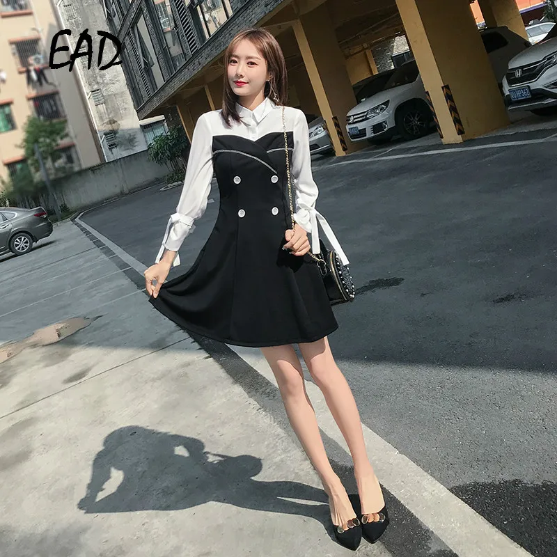EAD Vintage Patchwork Balck and White Button Shirt Dress Women Spring Elegant Turn Down Collar Bow Sleeve Dresses Female Vestido EAD Vintage Patchwork Balck and White Button Shirt Dress Women Spring Elegant Turn Down Collar Bow Sleeve Dresses Female Vestido