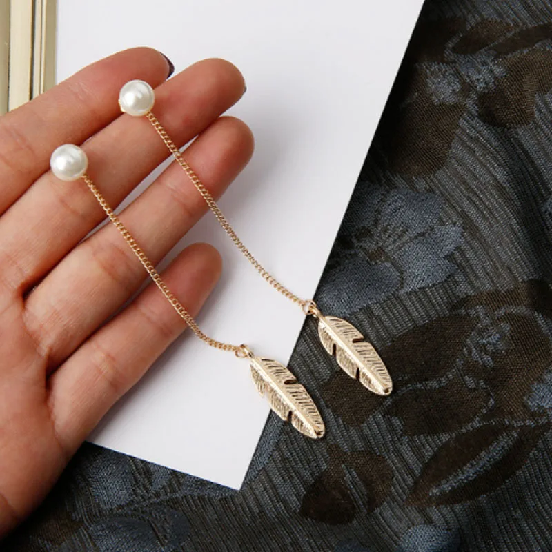 Leaf Feather Drop Earrings - Image 3