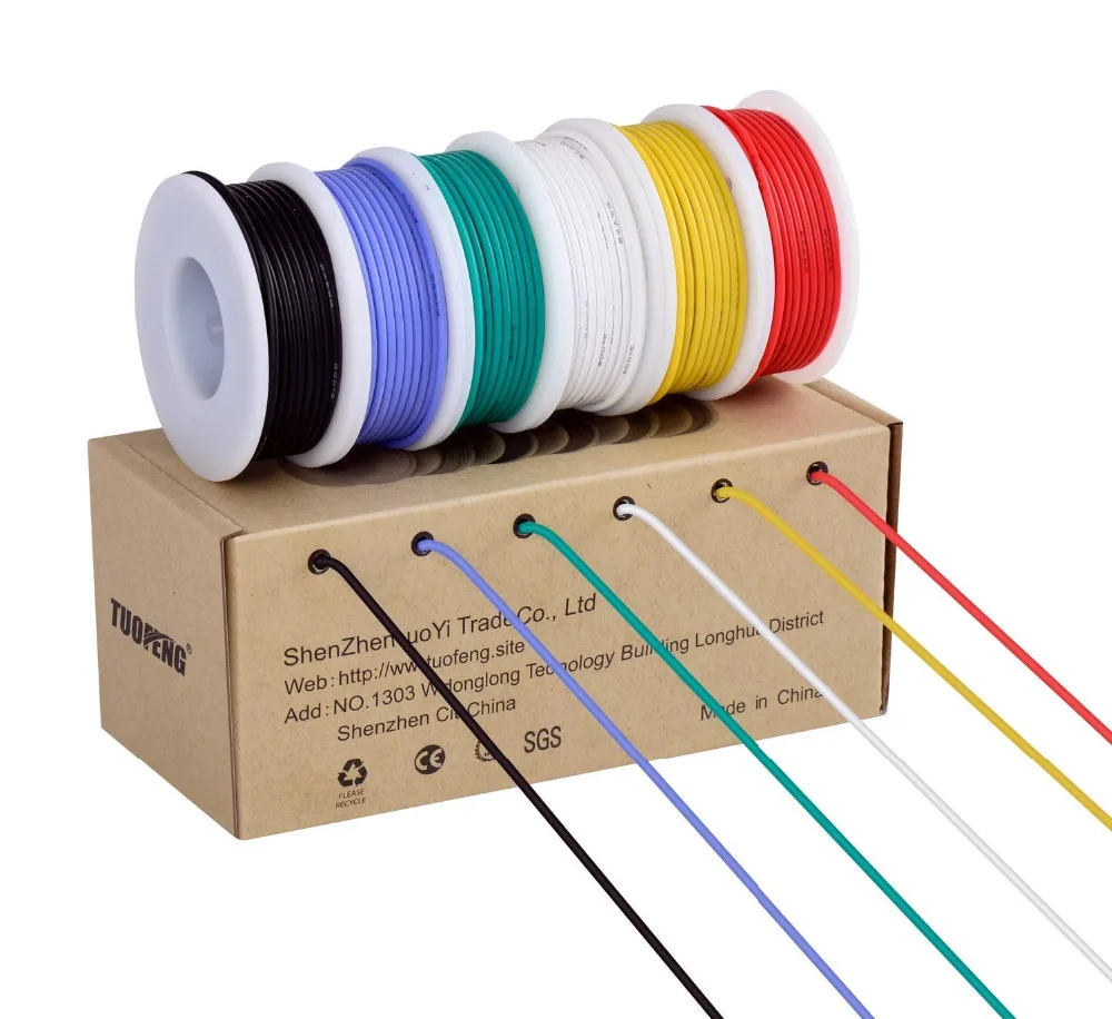 30 калибровочный Электрический провод, Набор цветных проводов 30 AWG гибкий силиконовый провод(6 разноцветных 20 метровых катушек) 60V Электроника