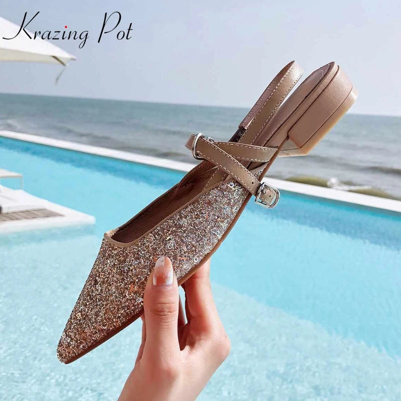 

Krazing Pot sequined cloth bling natural skin European Summer pointed toe slingback superstar summer beach vacation pumps L36