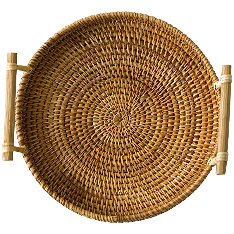 

New Rattan Bread Basket Round Woven Tea Tray With Handles For Serving Dinner Parties Coffee Breakfast (8.7 Inches)