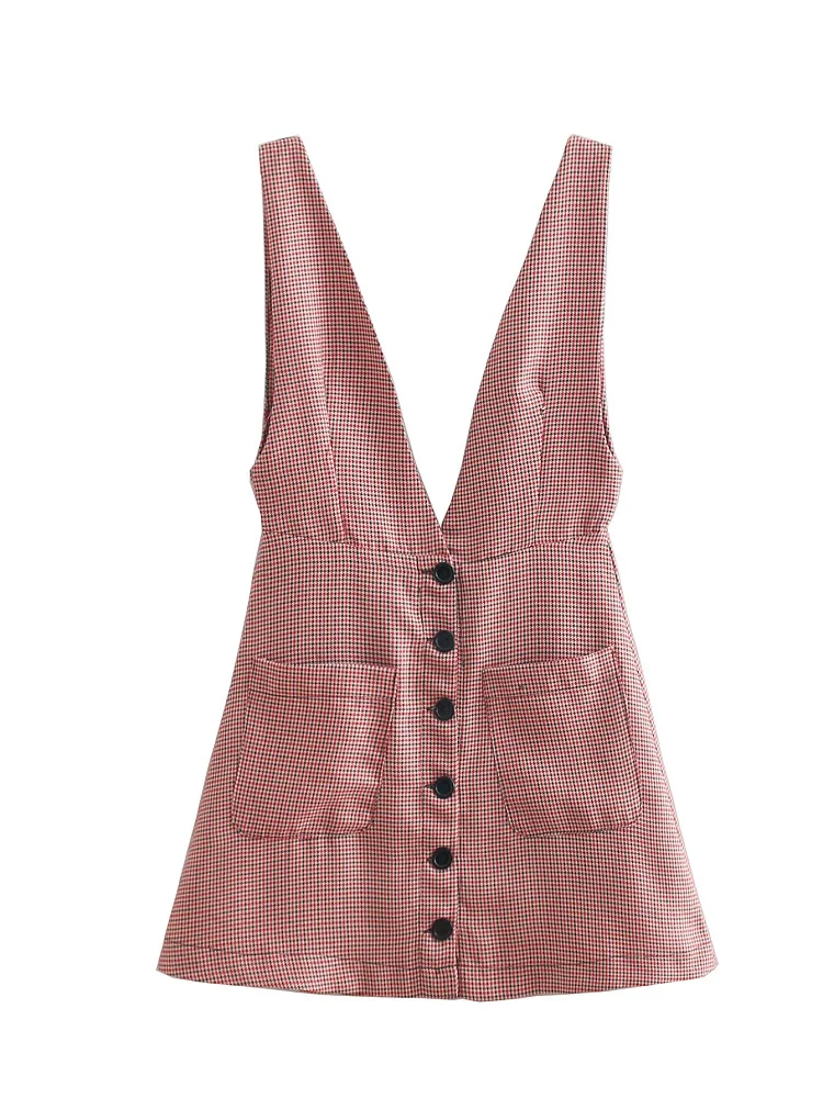 

BBWM WOMAN Casual Chic Plaid Single Breasted Spaghetti Mini Dress Fashion Women V-Neck Vest Style Dress Pockets Spring Vestidos