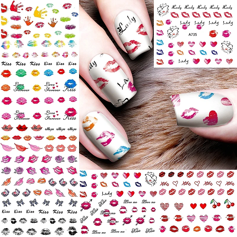 

12 sheets lot Lip print nail sticker water decals for nail art decorations manicure fake nails accessoires supplies tool A733-44