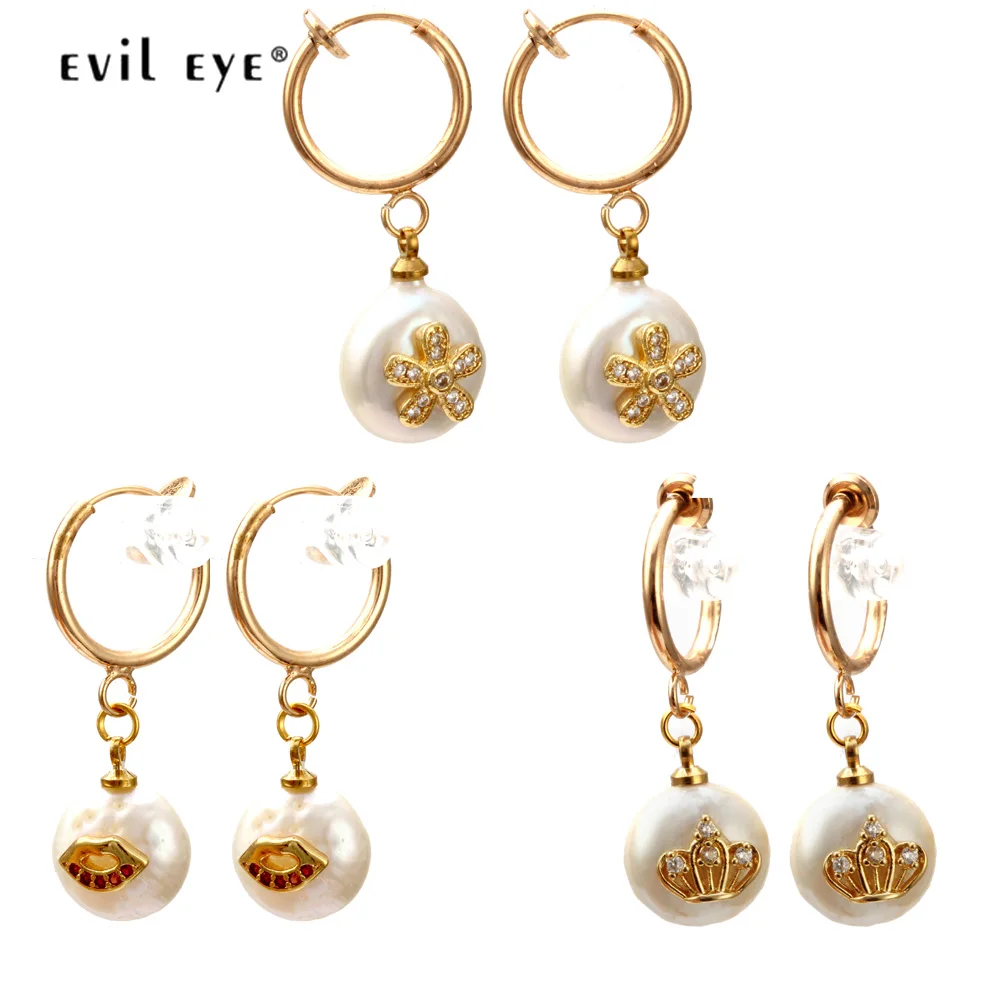 

EVIL EYE Pearl Hanging Earrings Gold Color Circle Dangle Drop Earrings Micro Pave Zircon Fashion Jewelry for Women Female EY6274