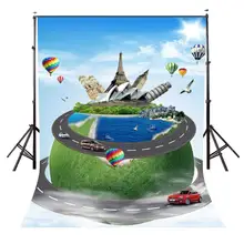 150x220cm The World Famous Buidings with Earth Backdrop Blue Sky Designed Photography Background finding the blue sky