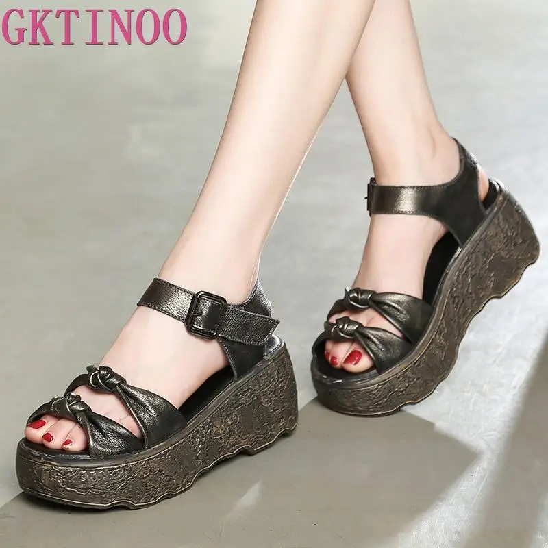 

GKTINOO Genuine Leather Women Sandals 2019 Retro Summer Shoes Wedges Heels Sandals Soft Leather Platform Women Shoes Handmade